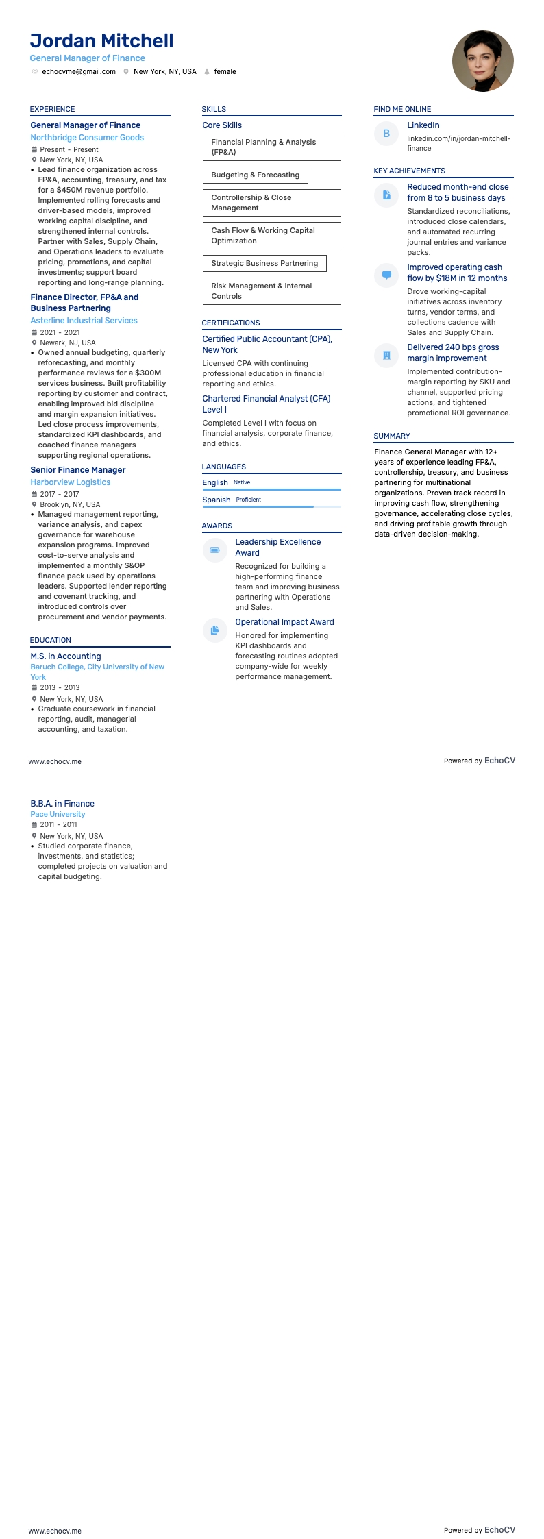 General Manager of Finance example resume