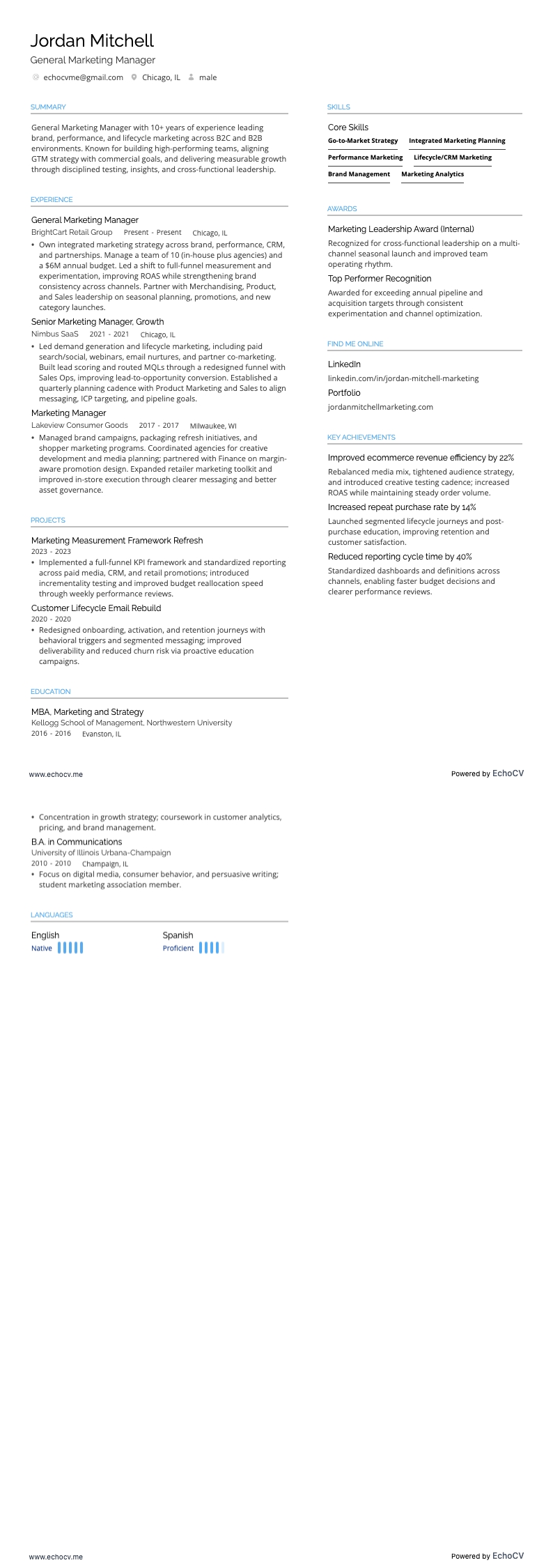 General Marketing Manager example resume