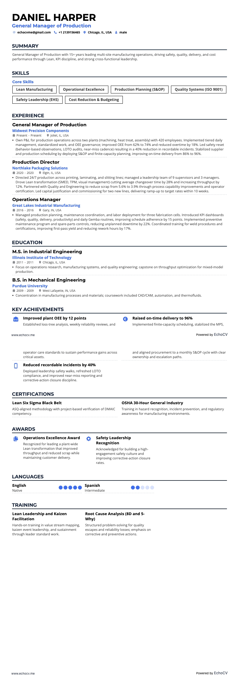 General Manager of Production example resume