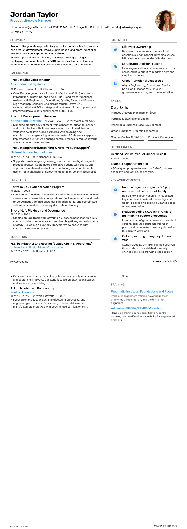 Product Lifecycle Manager example resume