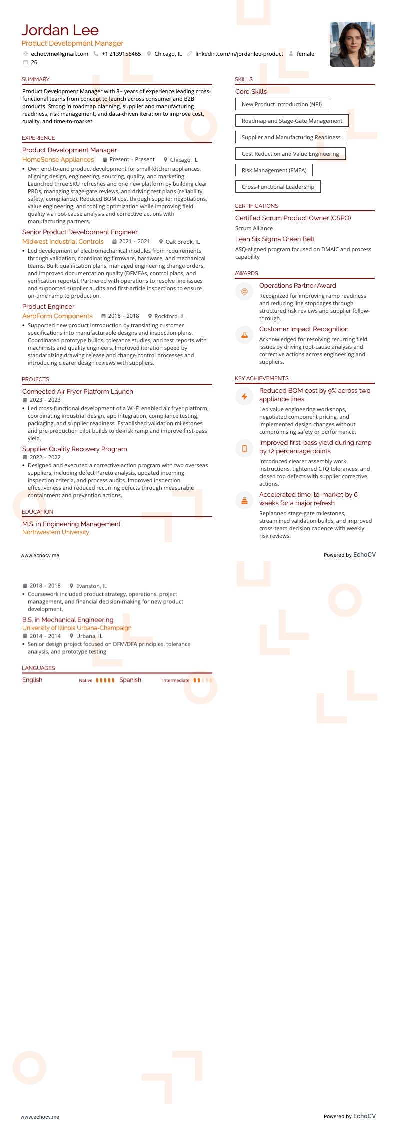 Product Development Manager example resume