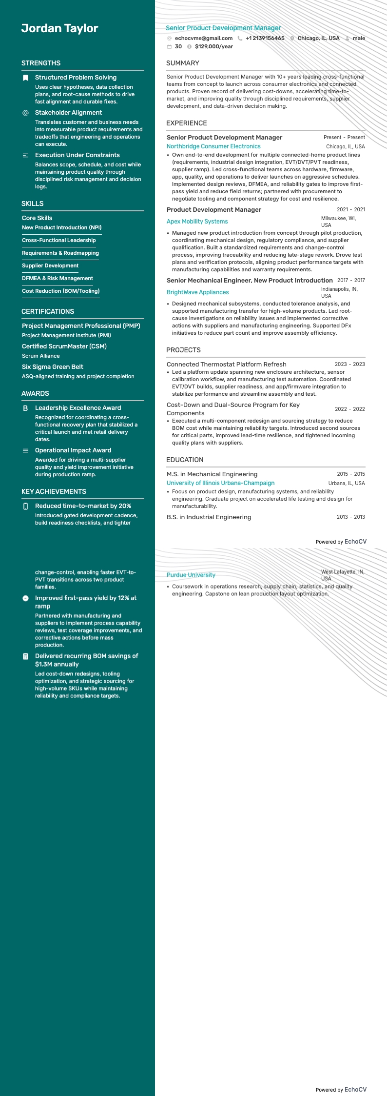 Senior Product Development Manager example resume