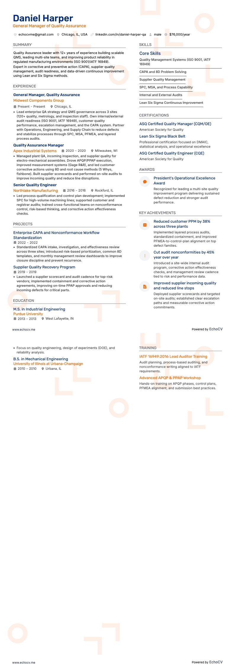 General Manager of Quality Assurance example resume