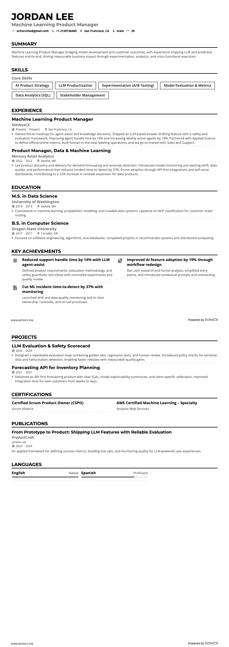 Gerente de Produto de Machine Learning example resume