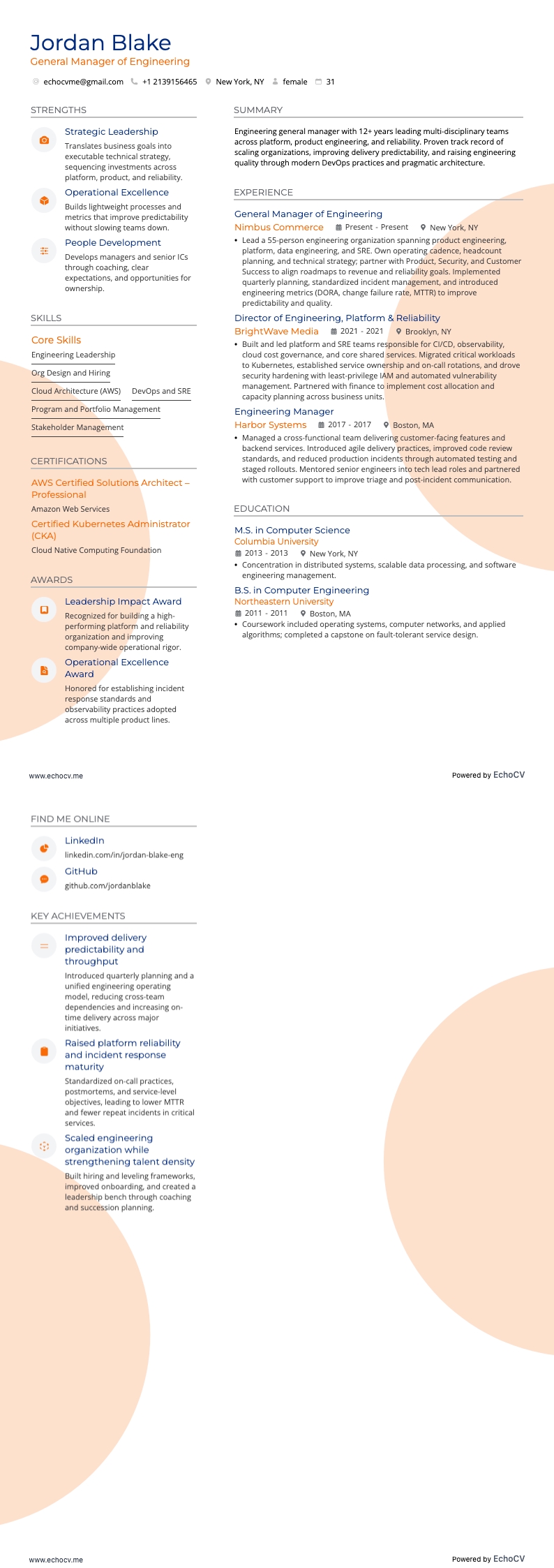 General Manager of Engineering example resume