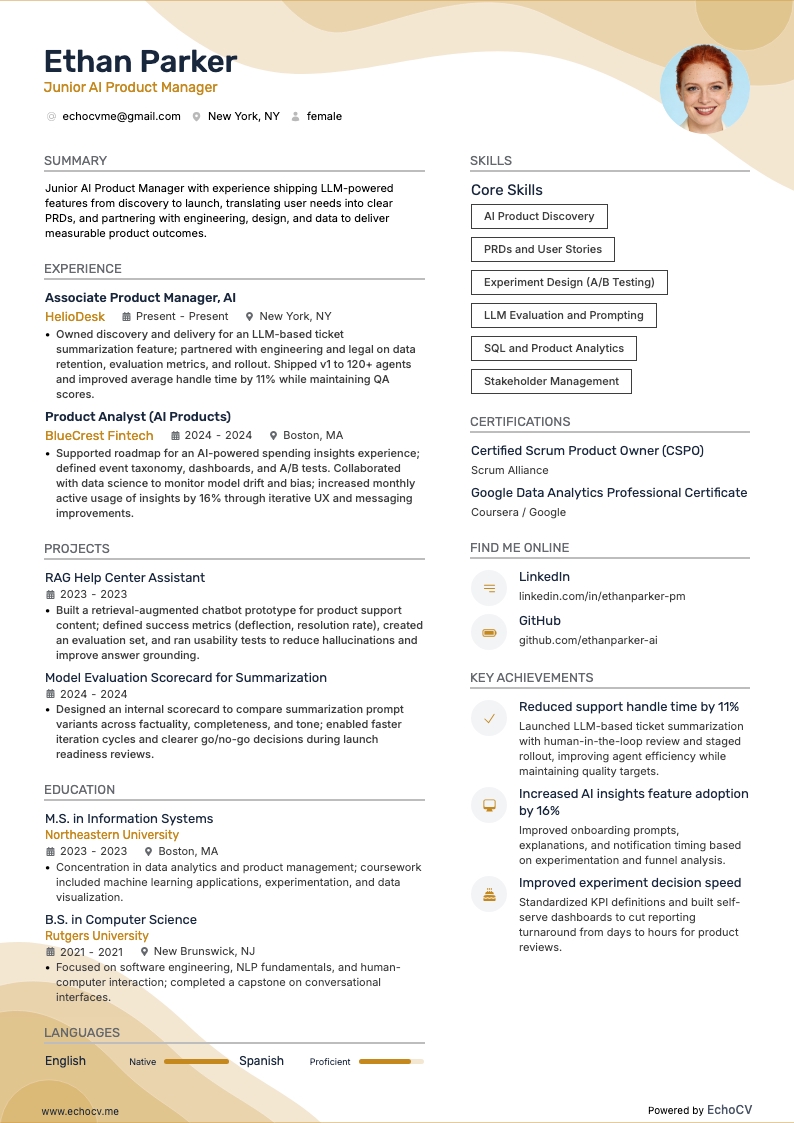 Gerente de Produto de IA Júnior example resume