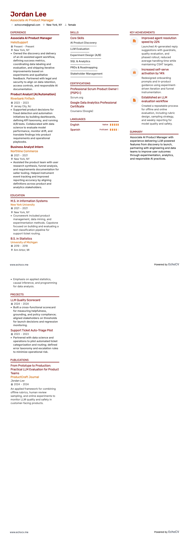 Gerente Associado de Produto de IA example resume