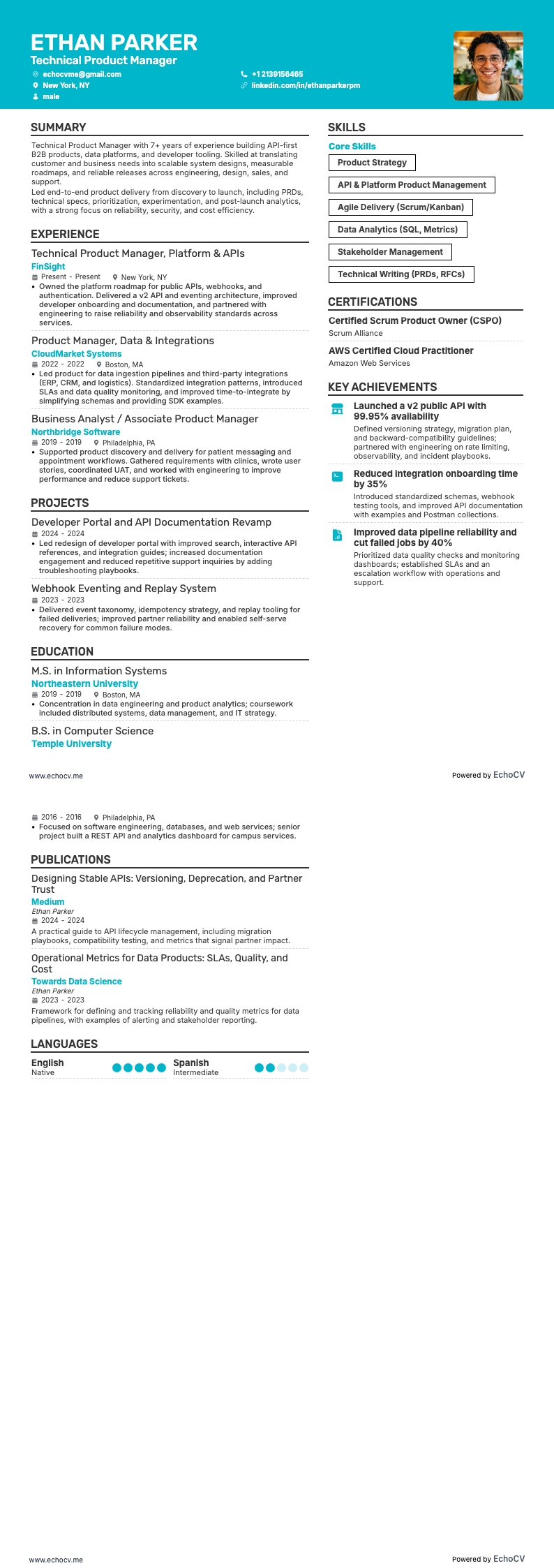 Technical Product Manager example resume