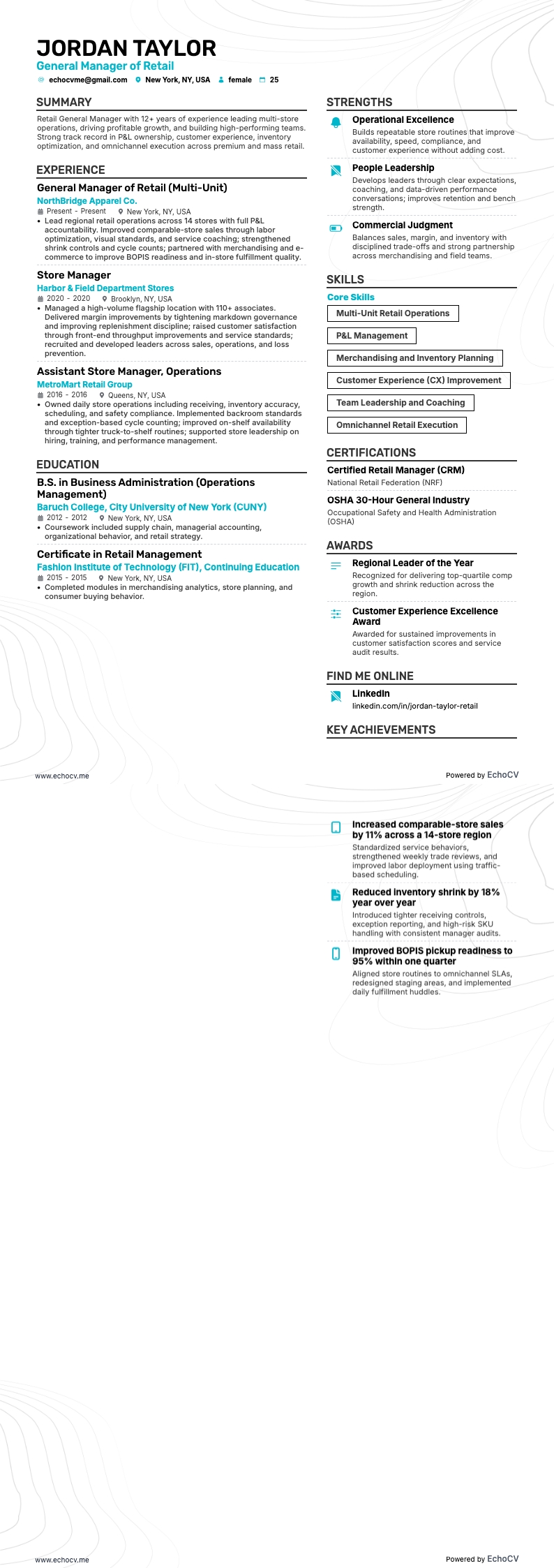 General Manager of Retail example resume