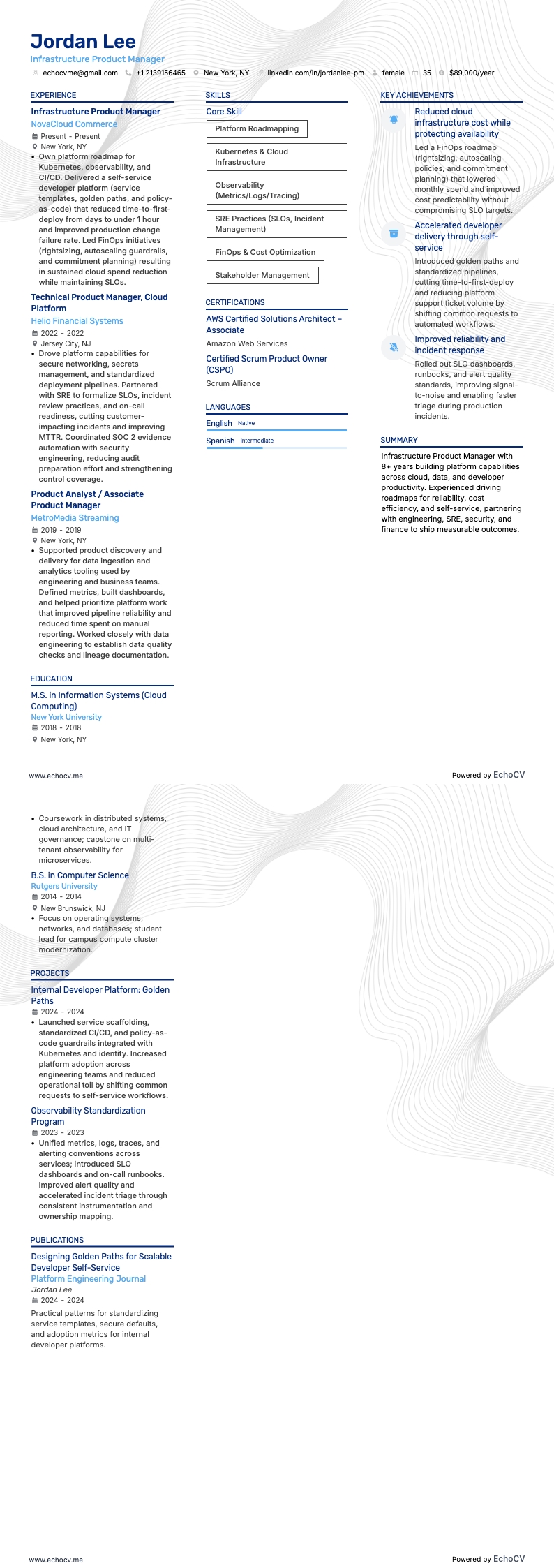 Infrastructure Product Manager example resume