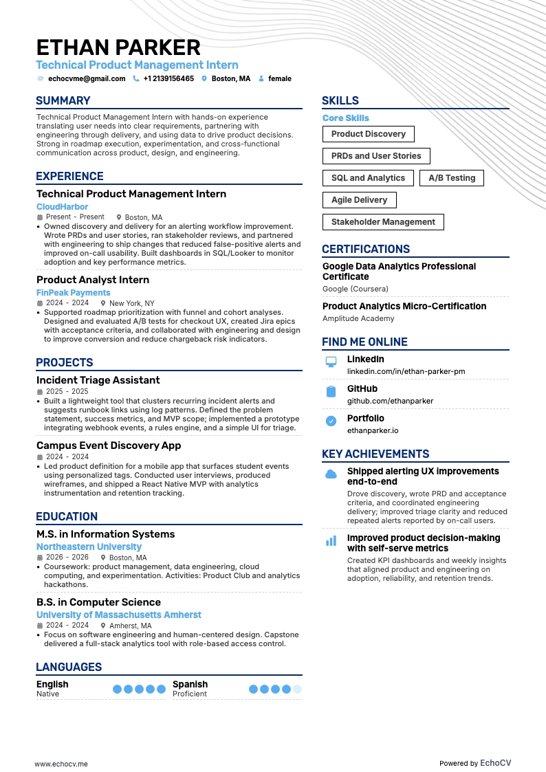 Technical Product Management Intern example resume