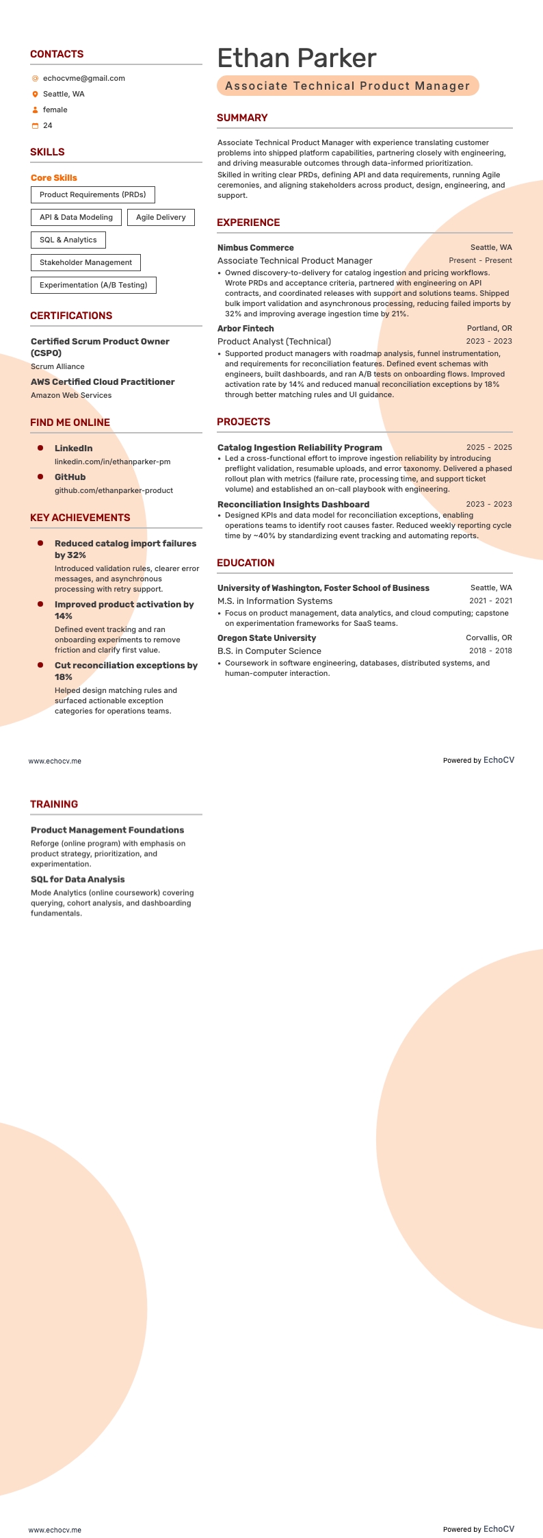 Associate Technical Product Manager example resume