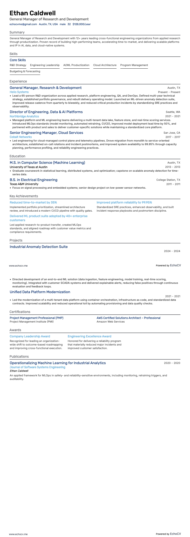 General Manager of Research and Development example resume