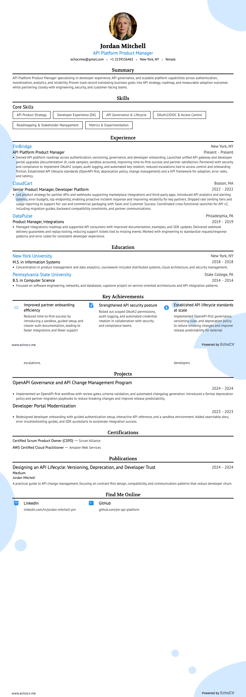 API Platform Product Manager example resume