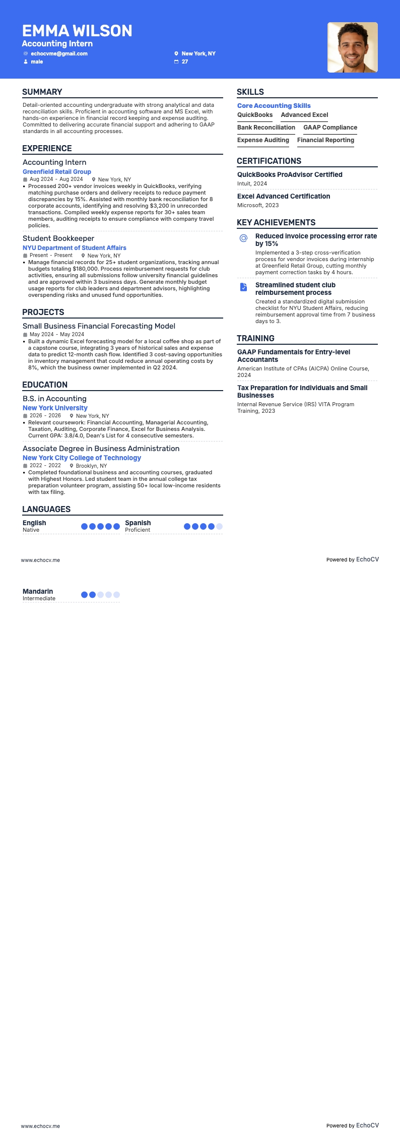 経理インターン example resume