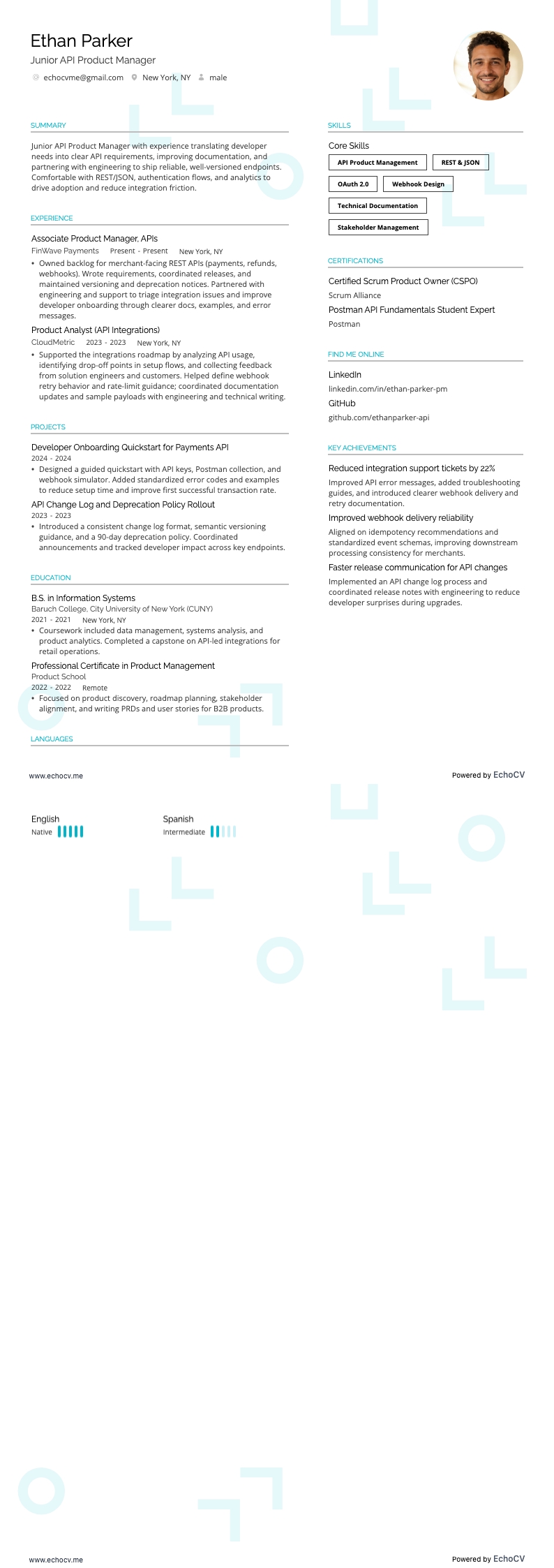 APIプロダクトマネージャー resume example