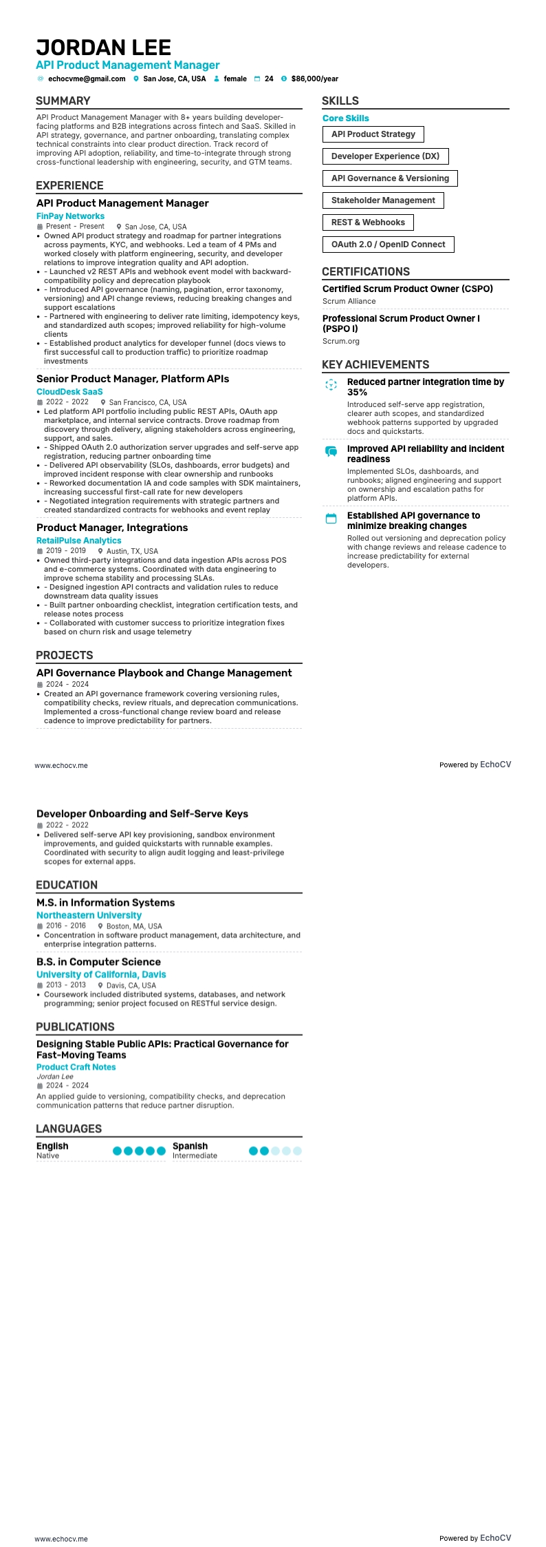 API Product Management Manager full preview