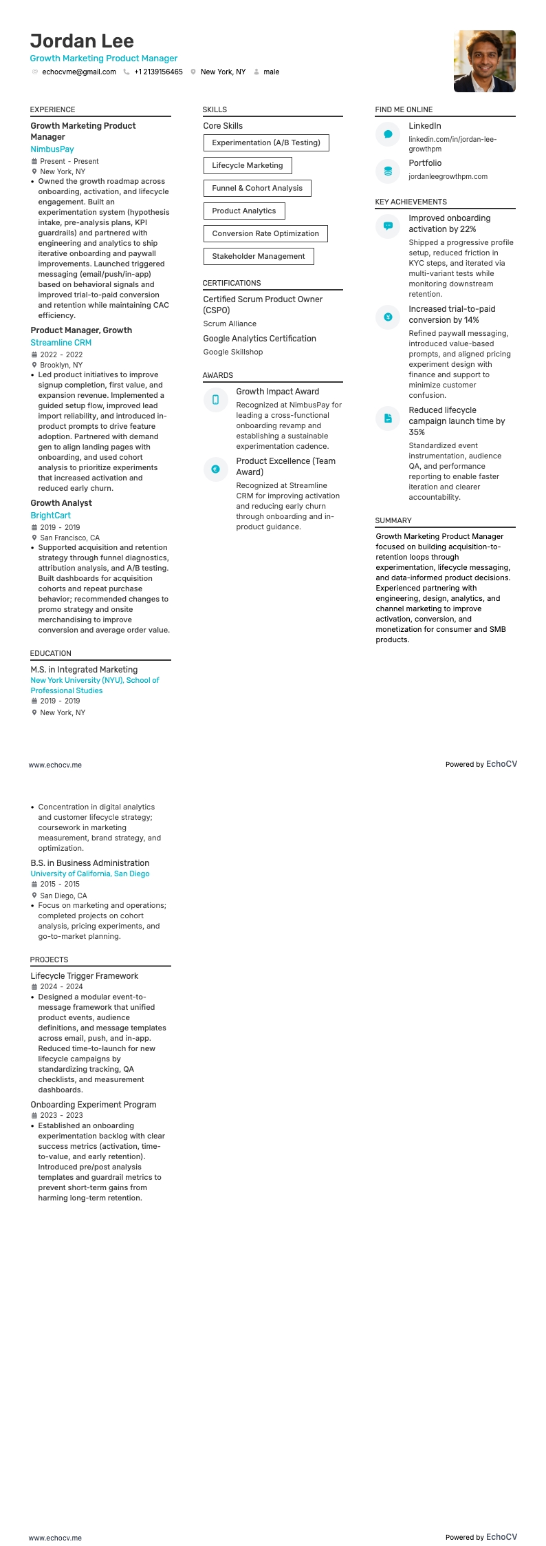 Growth Marketing Product Manager example resume