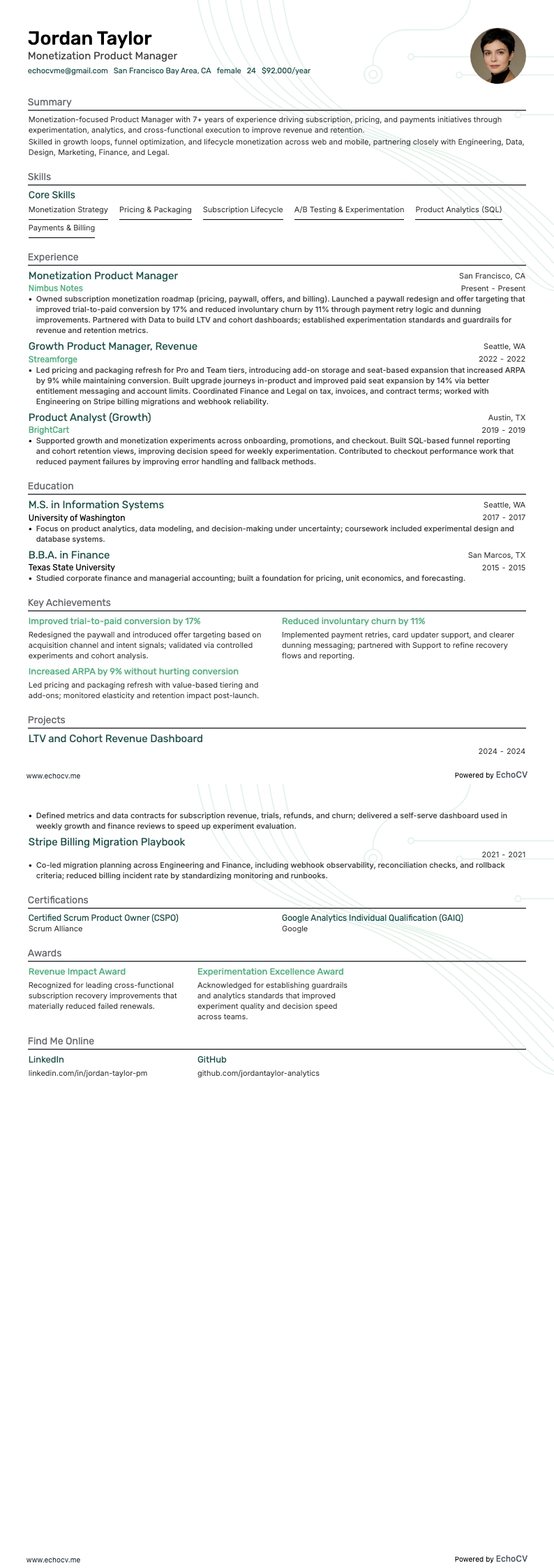 Monetization Product Manager example resume