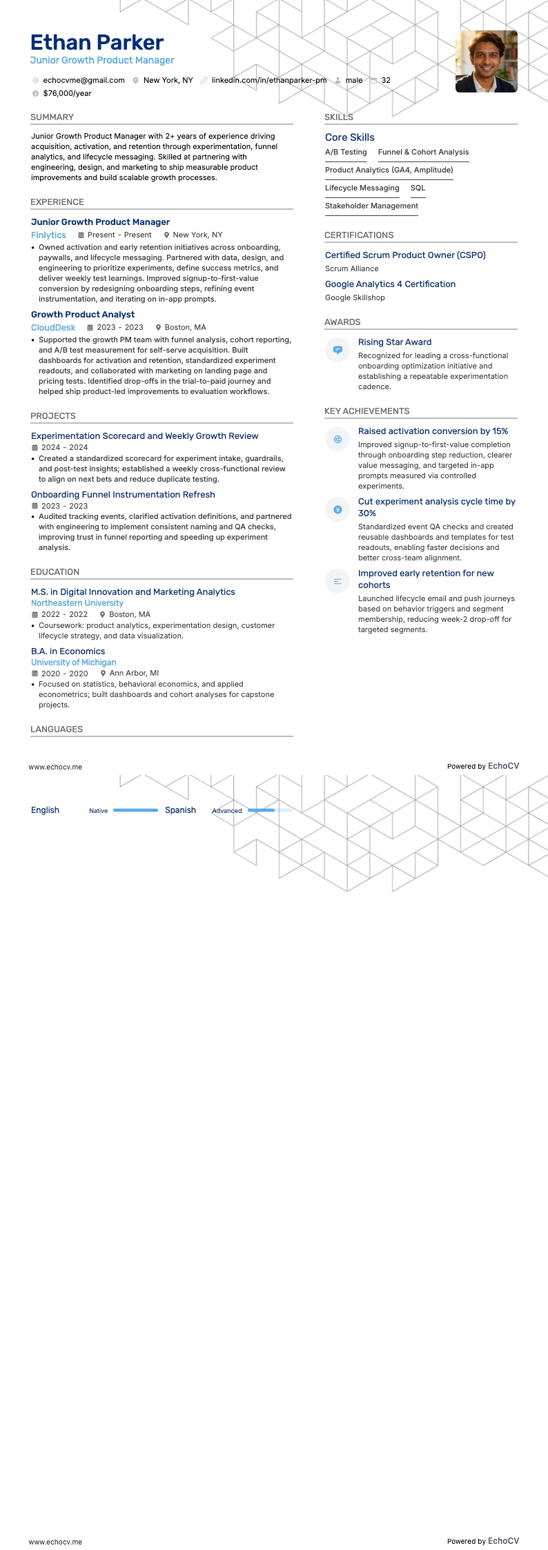 Junior Growth Product Manager example resume