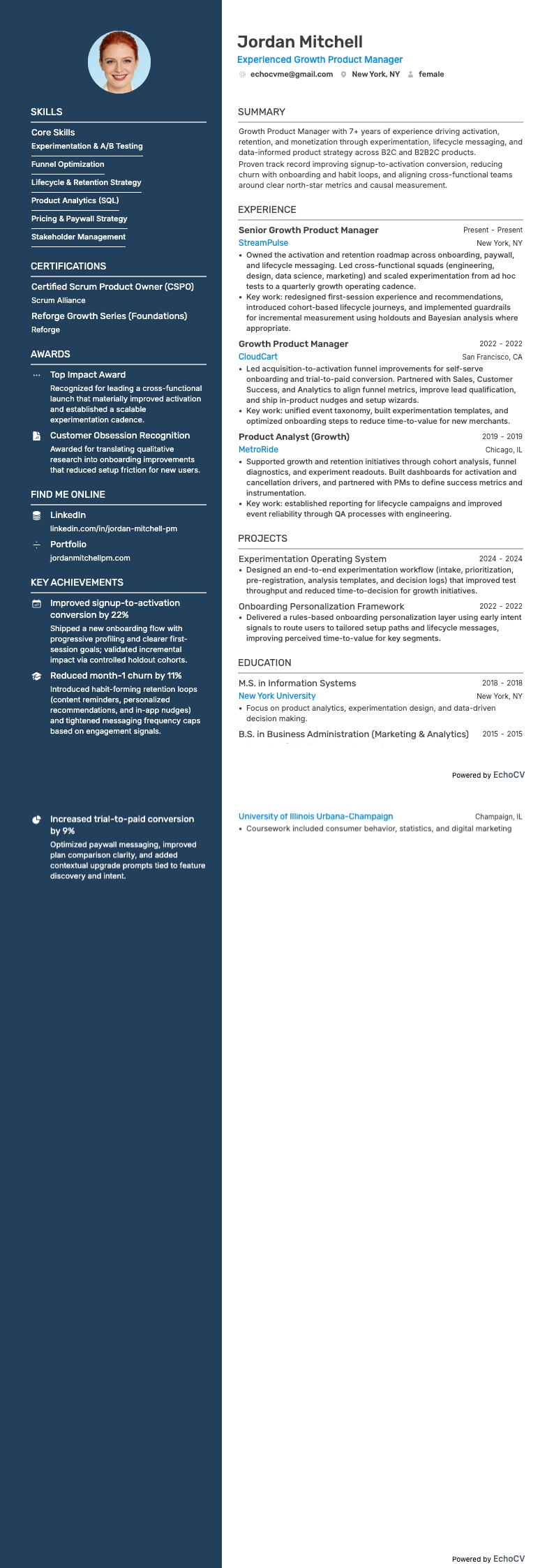 Experienced Growth Product Manager example resume