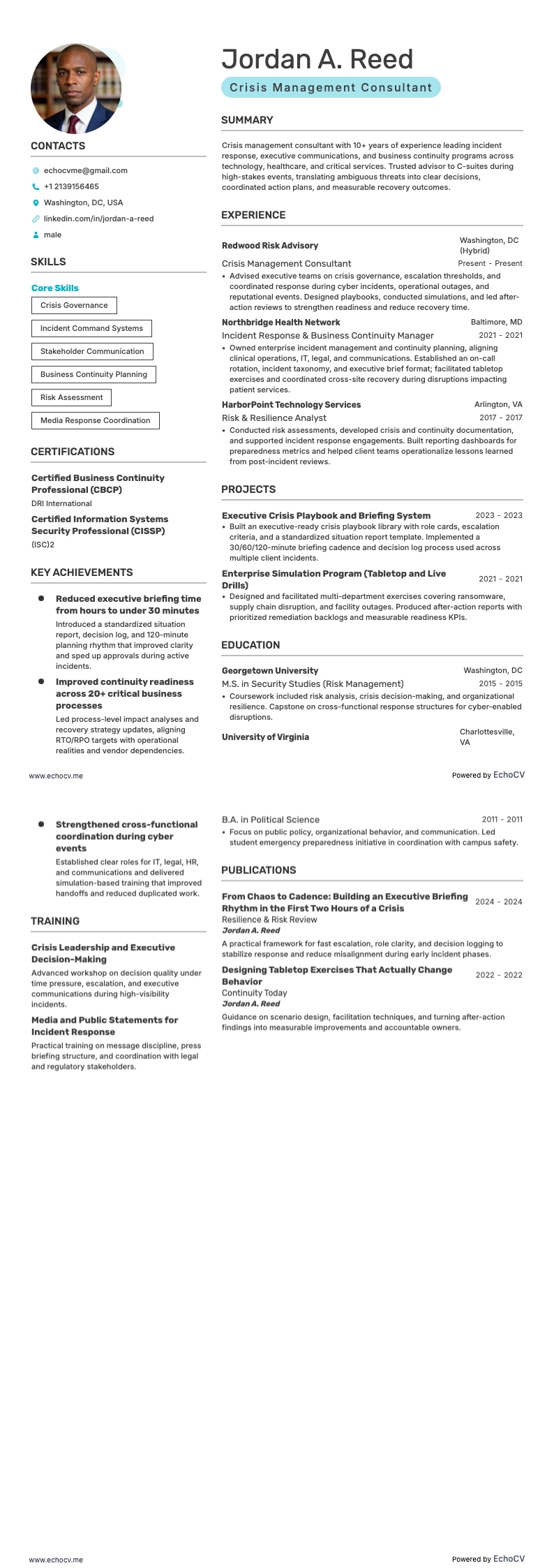 Crisis Management Consultant example resume