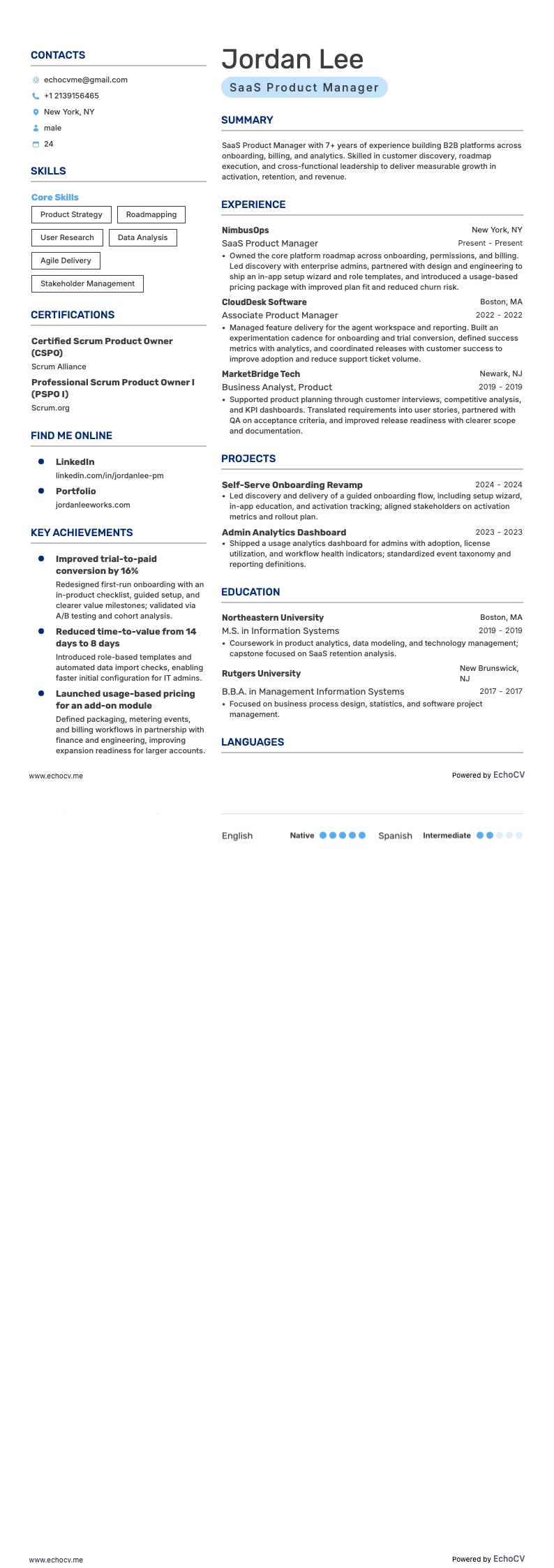SaaS Product Manager example resume