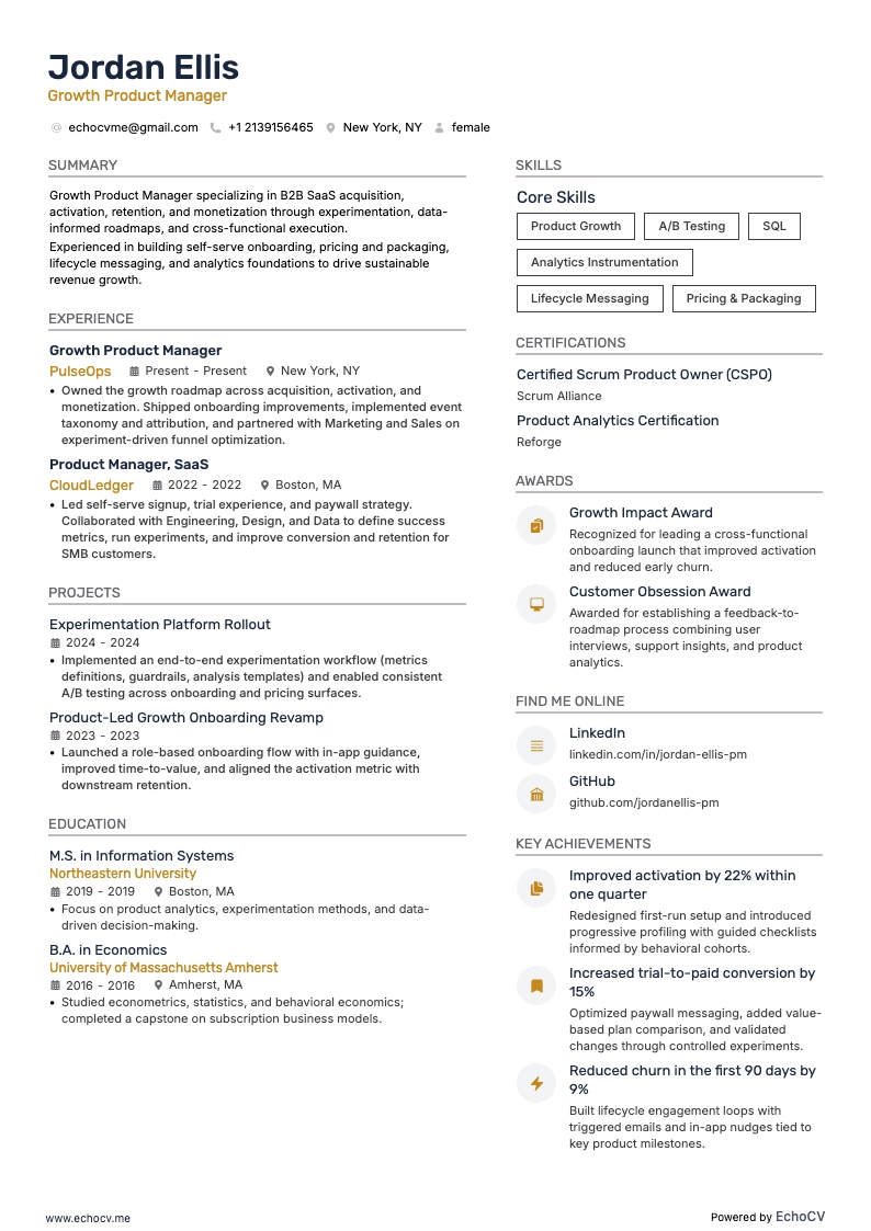 Growth Product Manager example resume