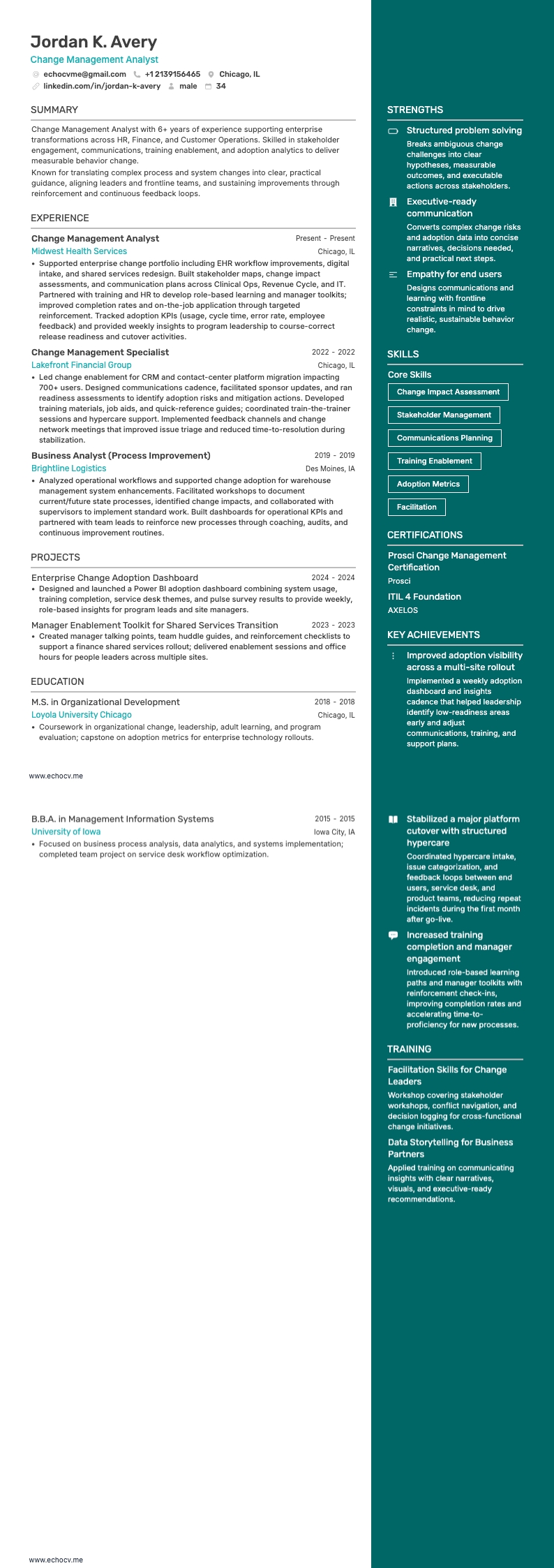 Change Management Analyst example resume