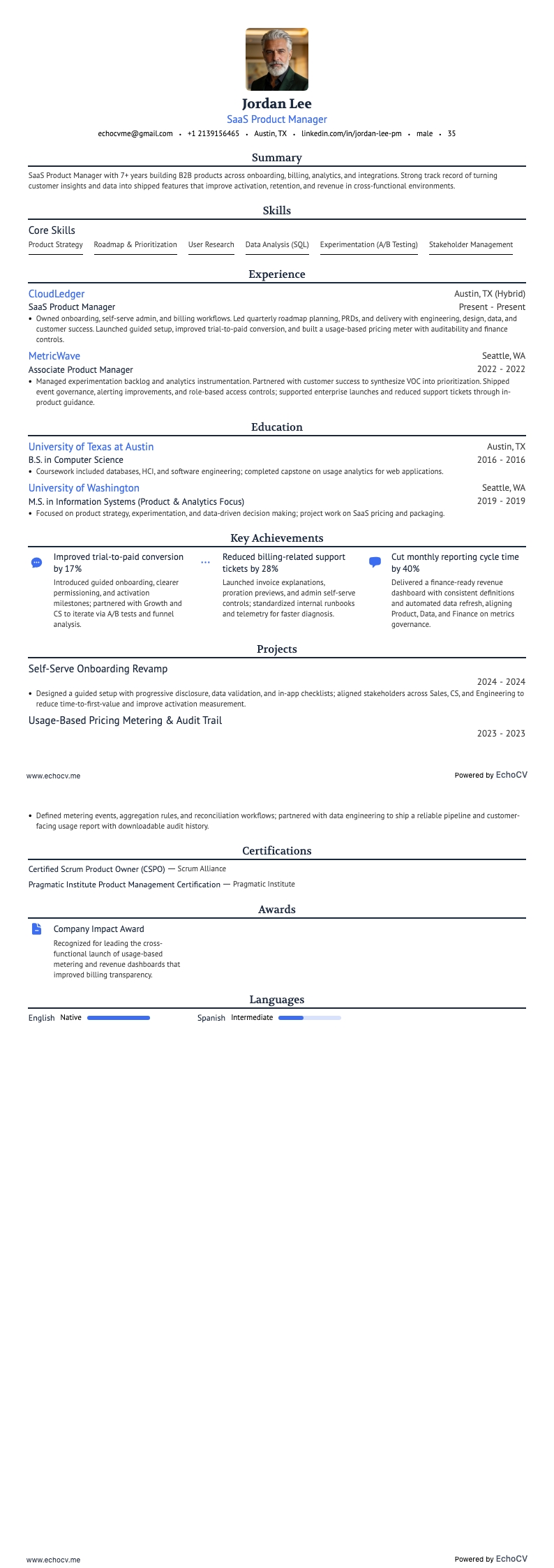 SaaS Product Manager example resume