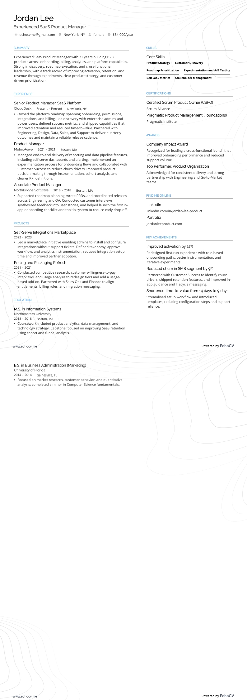 Experienced SaaS Product Manager example resume