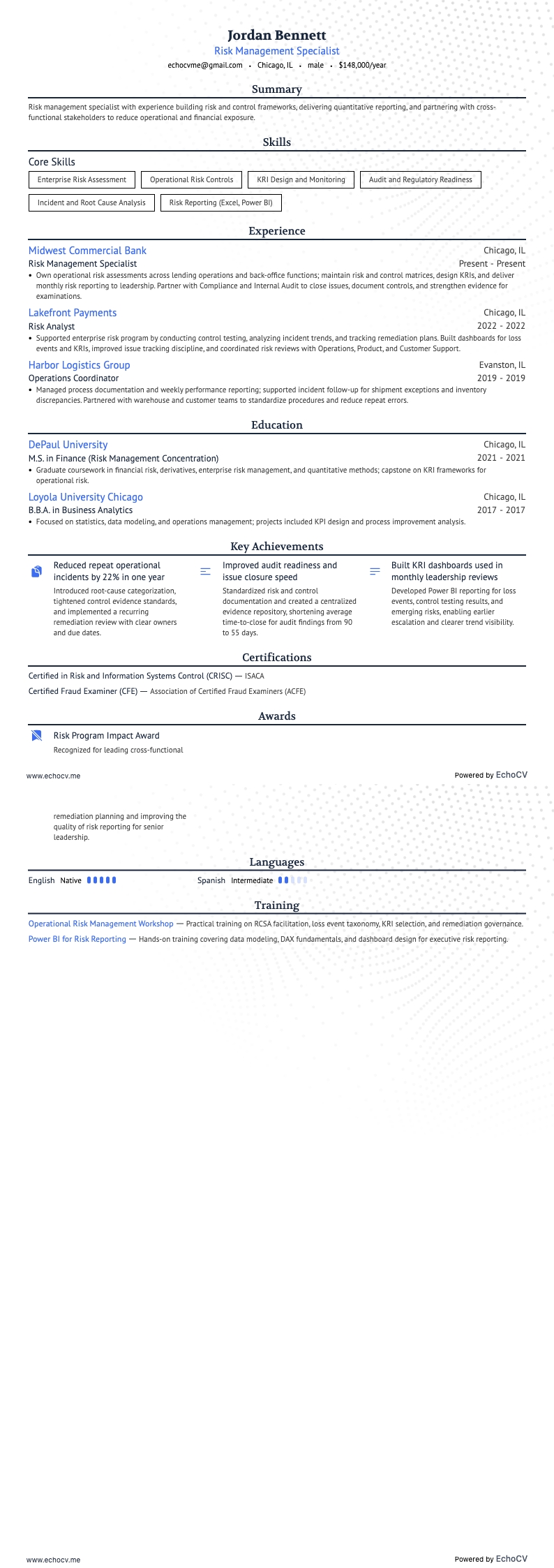 Risk Management Specialist example resume