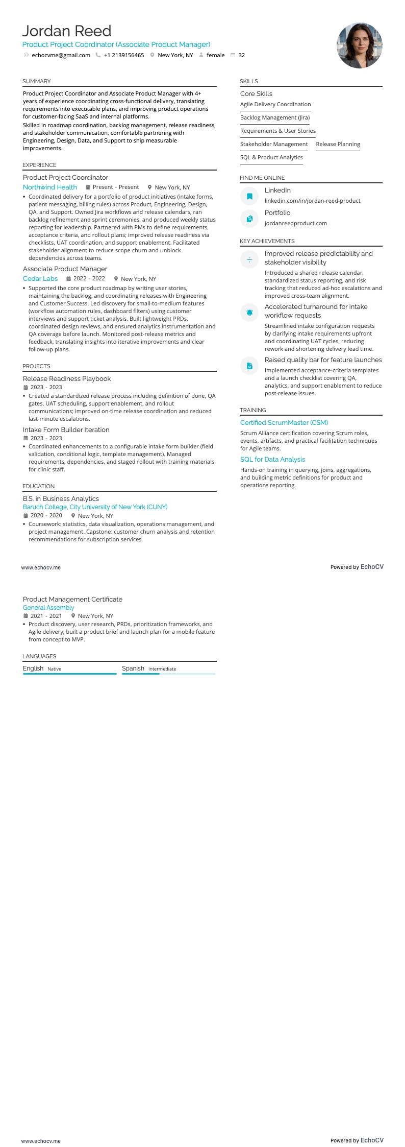 Product Project Coordinator example resume