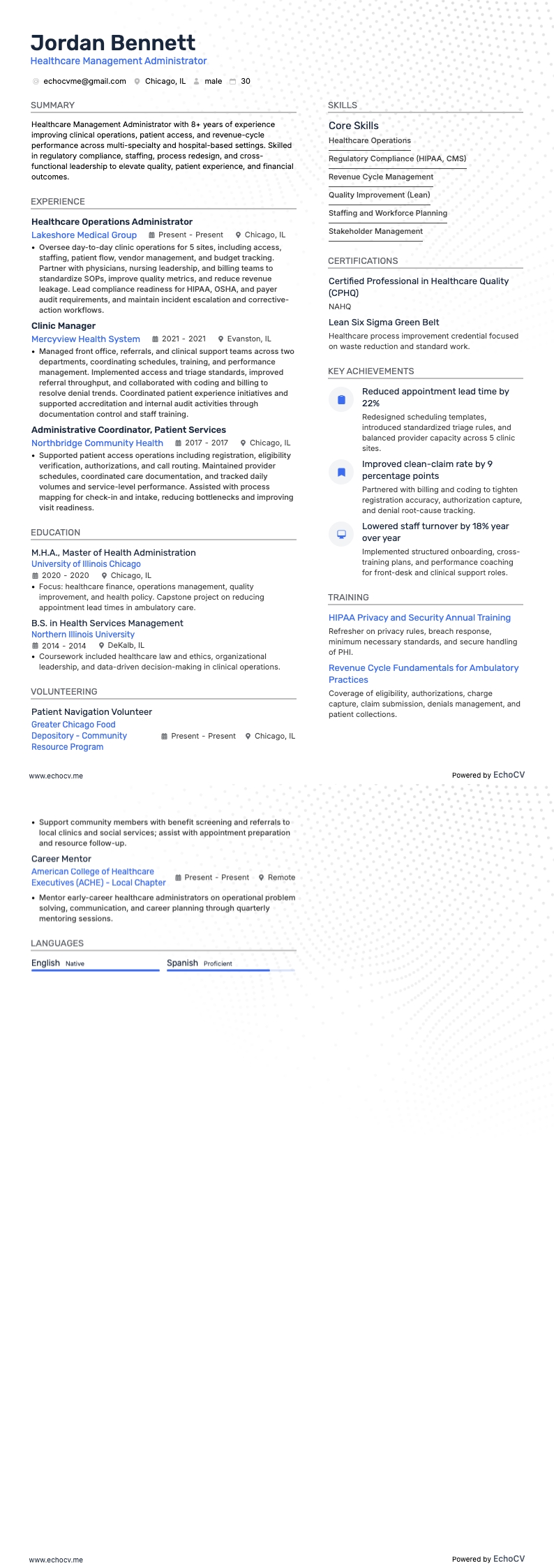 Healthcare Management Administrator example resume