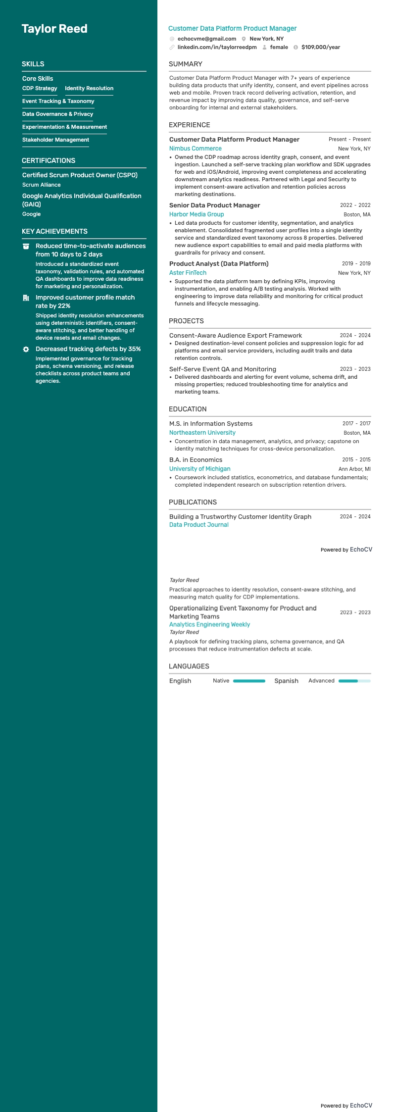 カスタマーデータプラットフォーム プロダクトマネージャー example resume