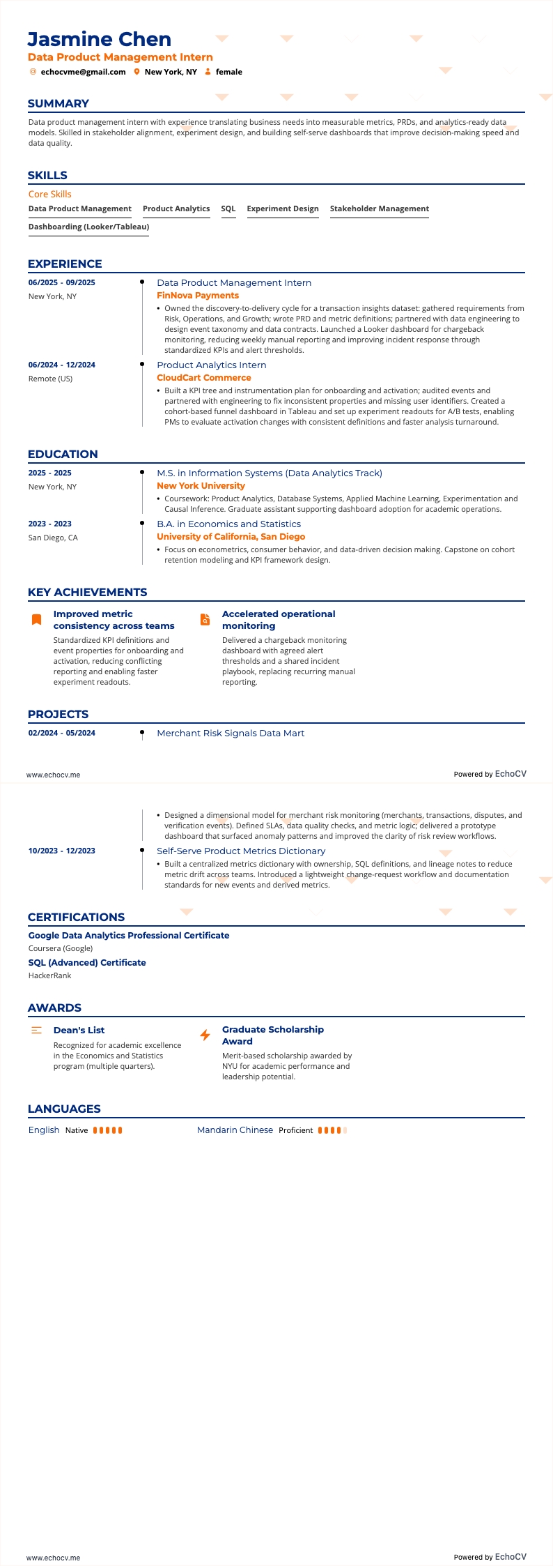データプロダクトマネジメントインターン example resume