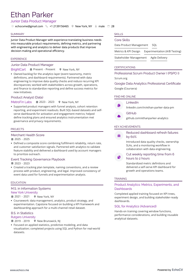 ジュニアデータプロダクトマネージャー example resume