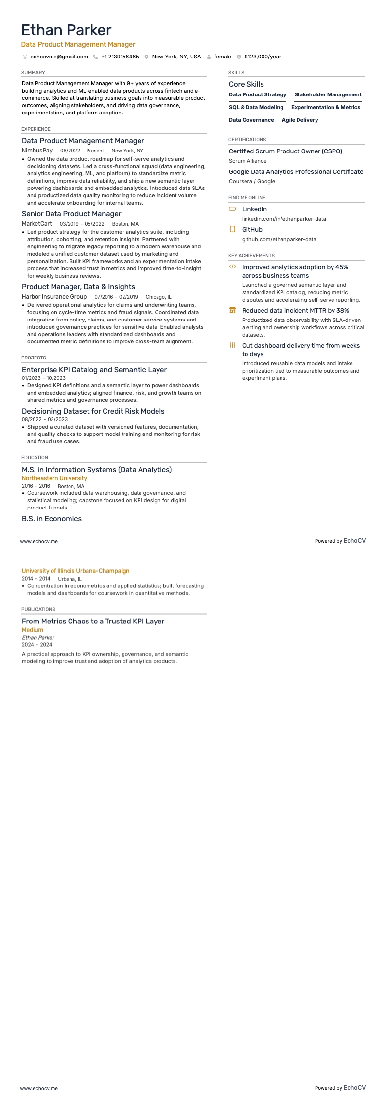 データプロダクトマネージャー resume example