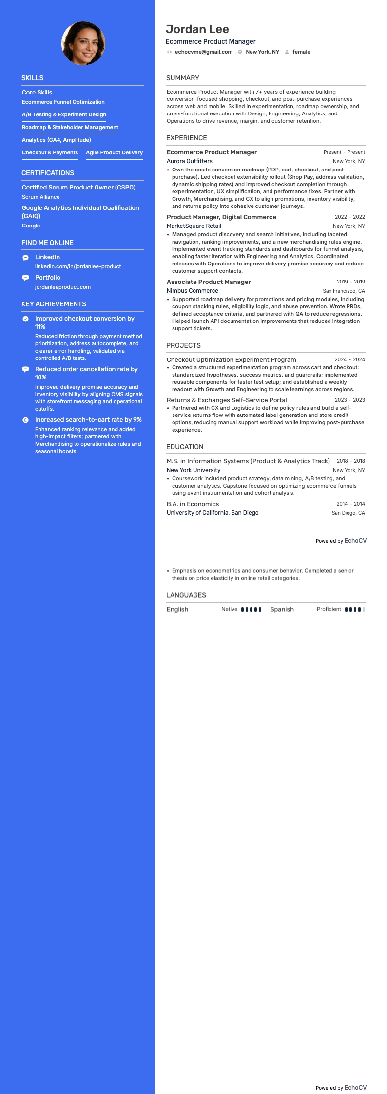 Ecommerce Product Manager example resume