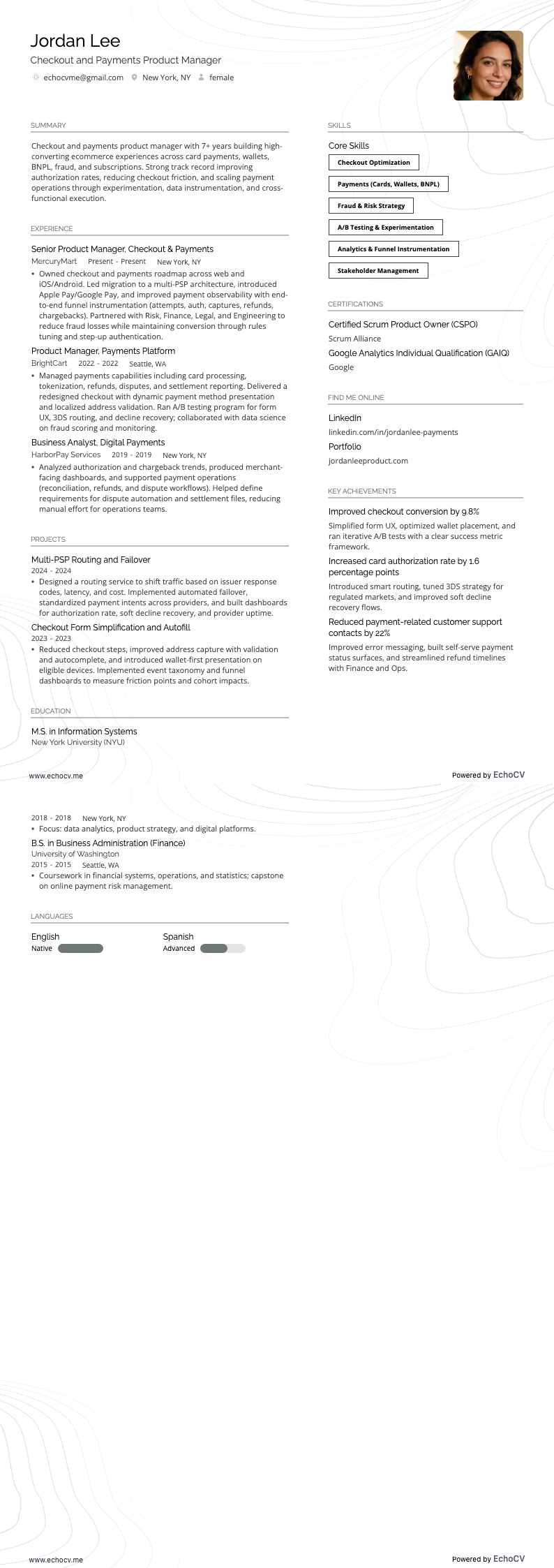 Checkout and Payments Product Manager example resume