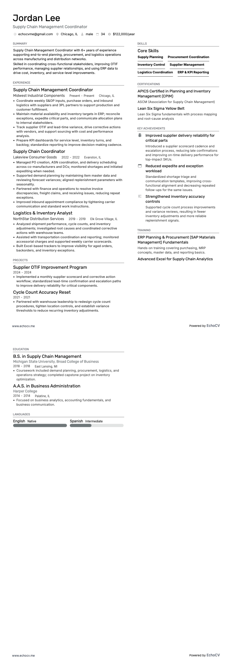 Supply Chain Management Coordinator example resume