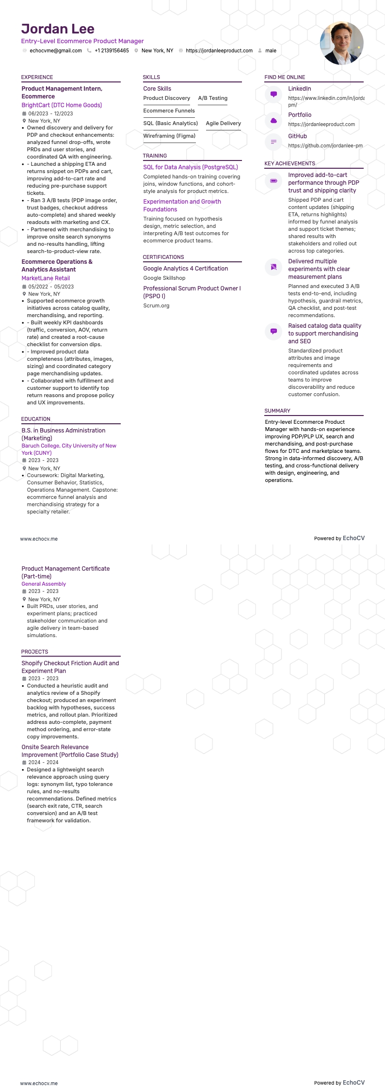 Entry-Level Ecommerce Product Manager example resume