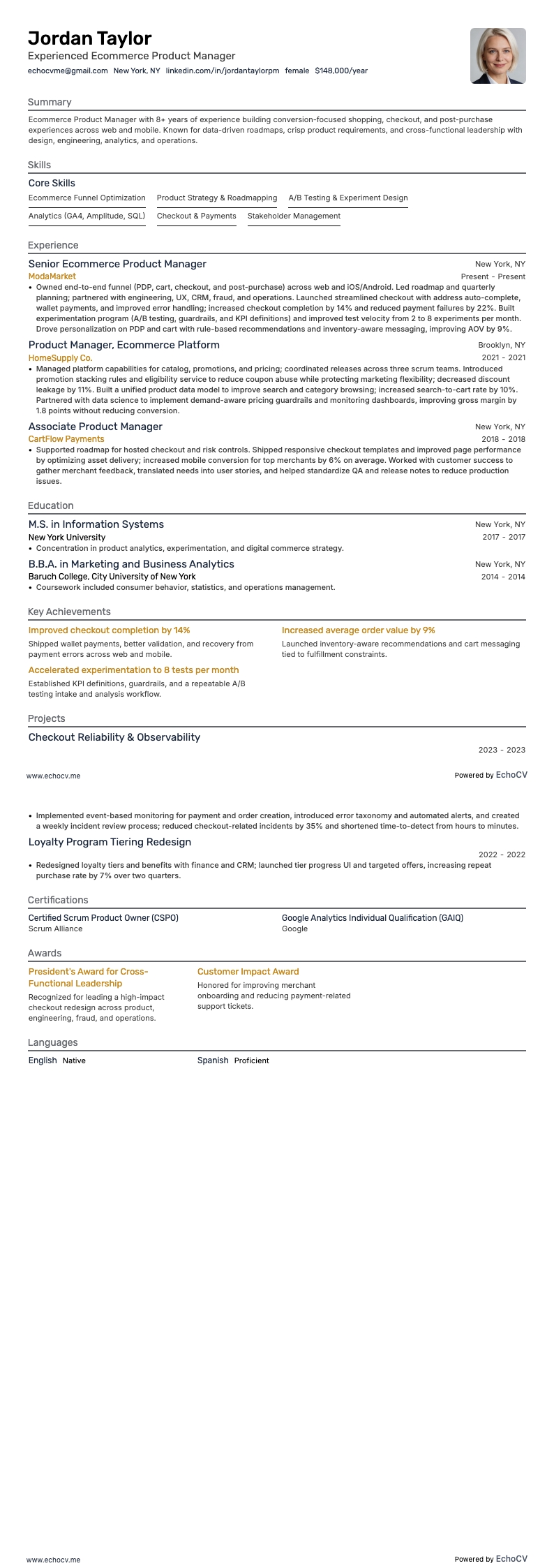 Experienced Ecommerce Product Manager example resume