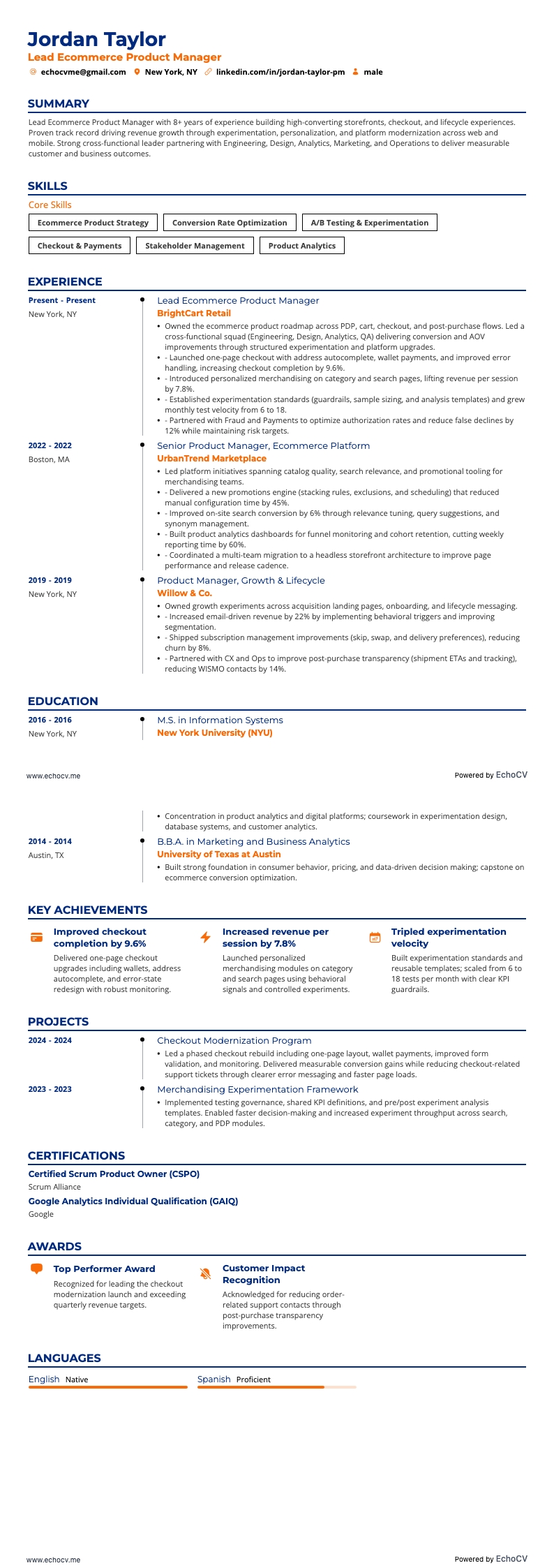 Lead Ecommerce Product Manager example resume