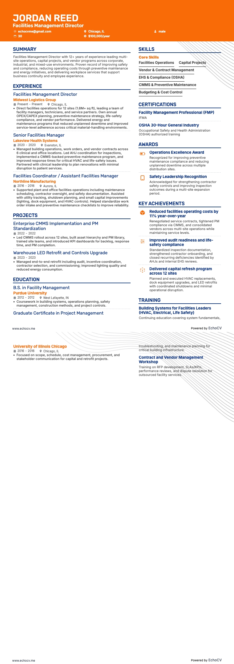 Facilities Management Director example resume