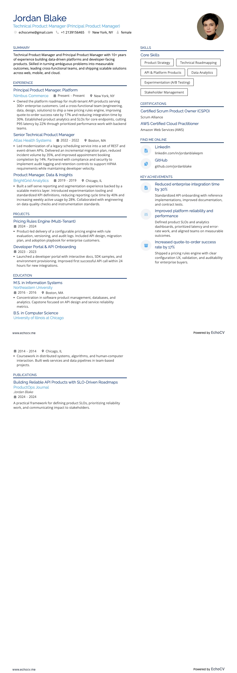 Technical Product Manager example resume