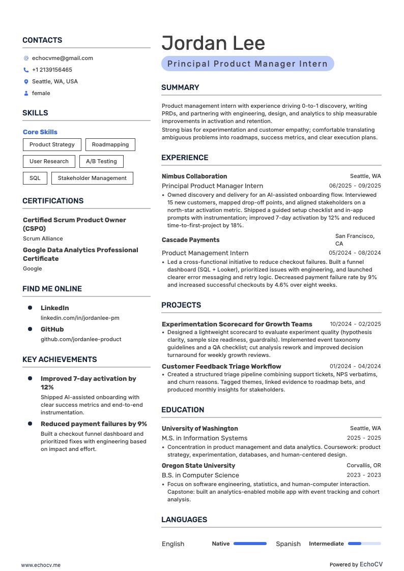 Principal Product Manager Intern example resume