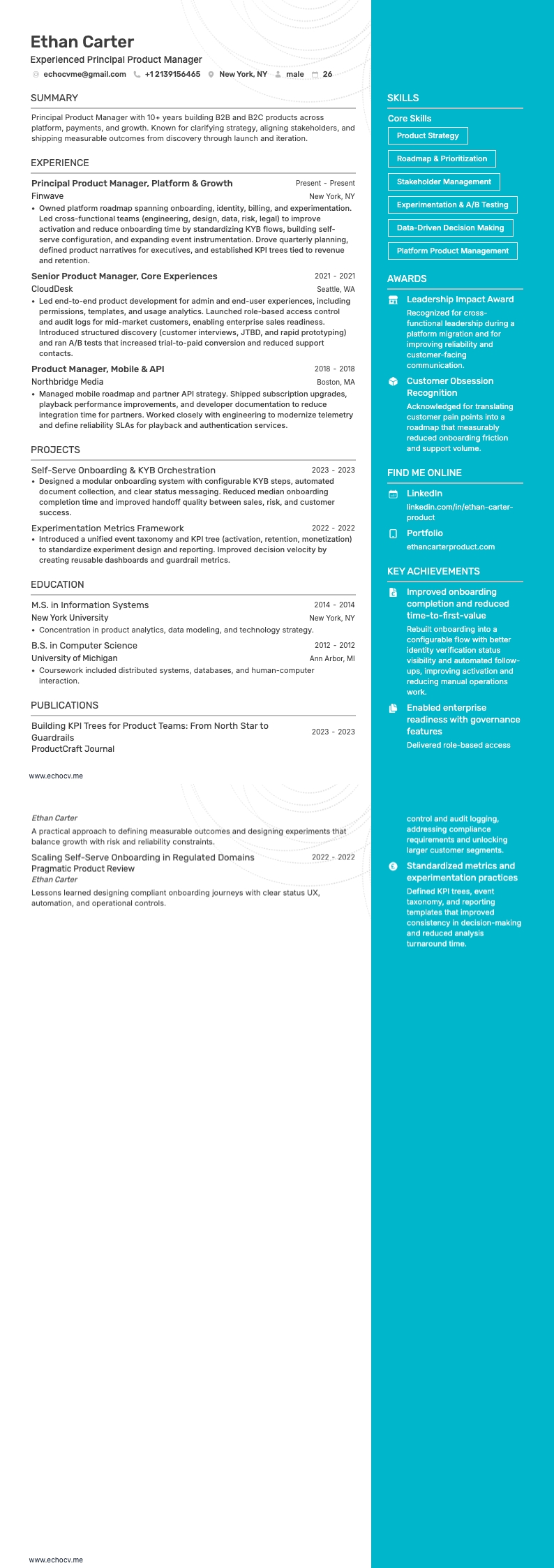 Experienced Principal Product Manager example resume