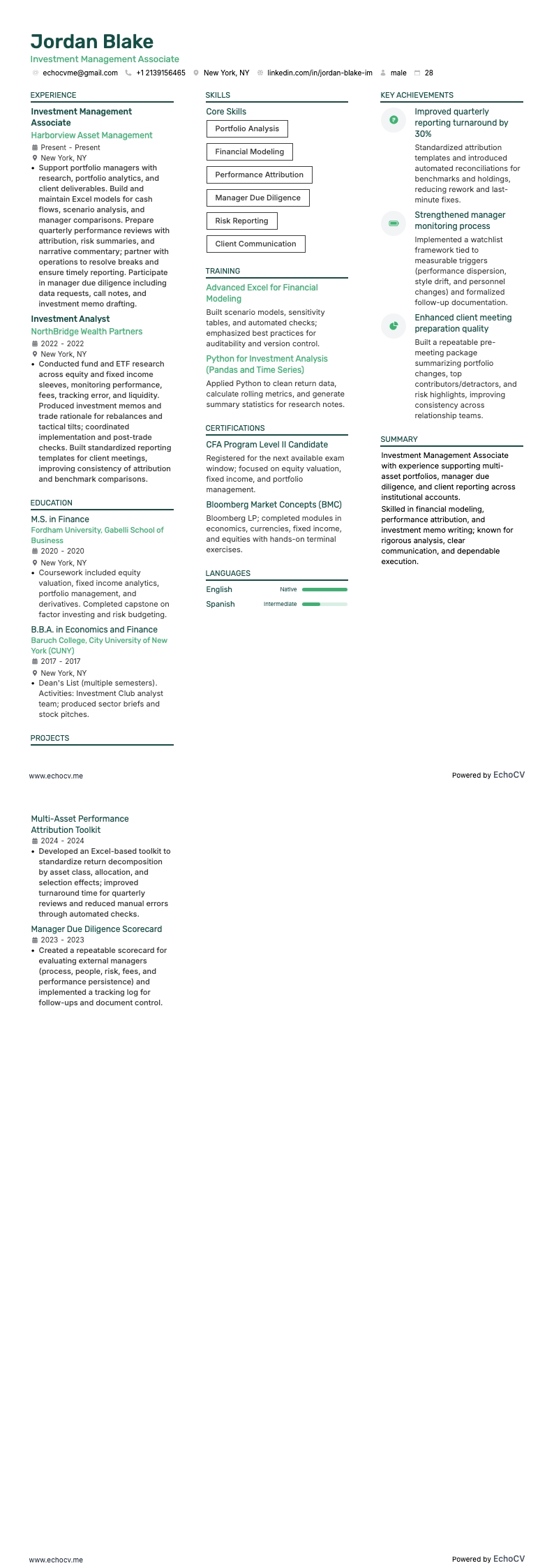 Investment Management Associate example resume