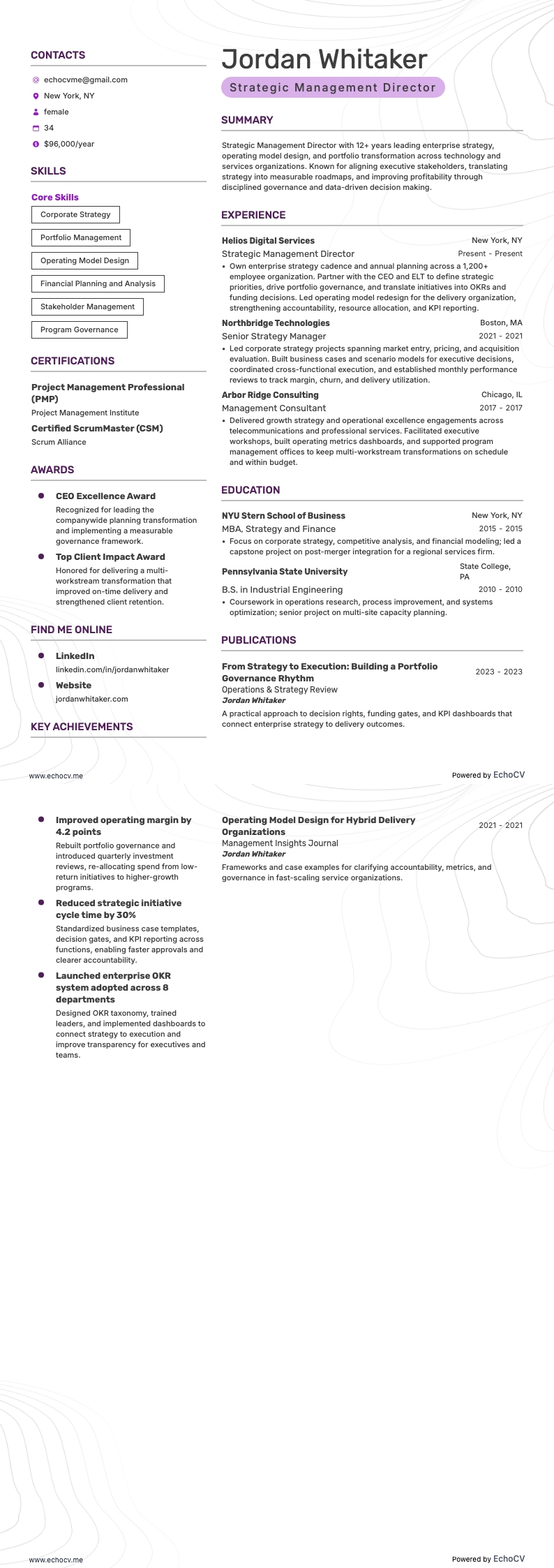 Strategic Management Director example resume